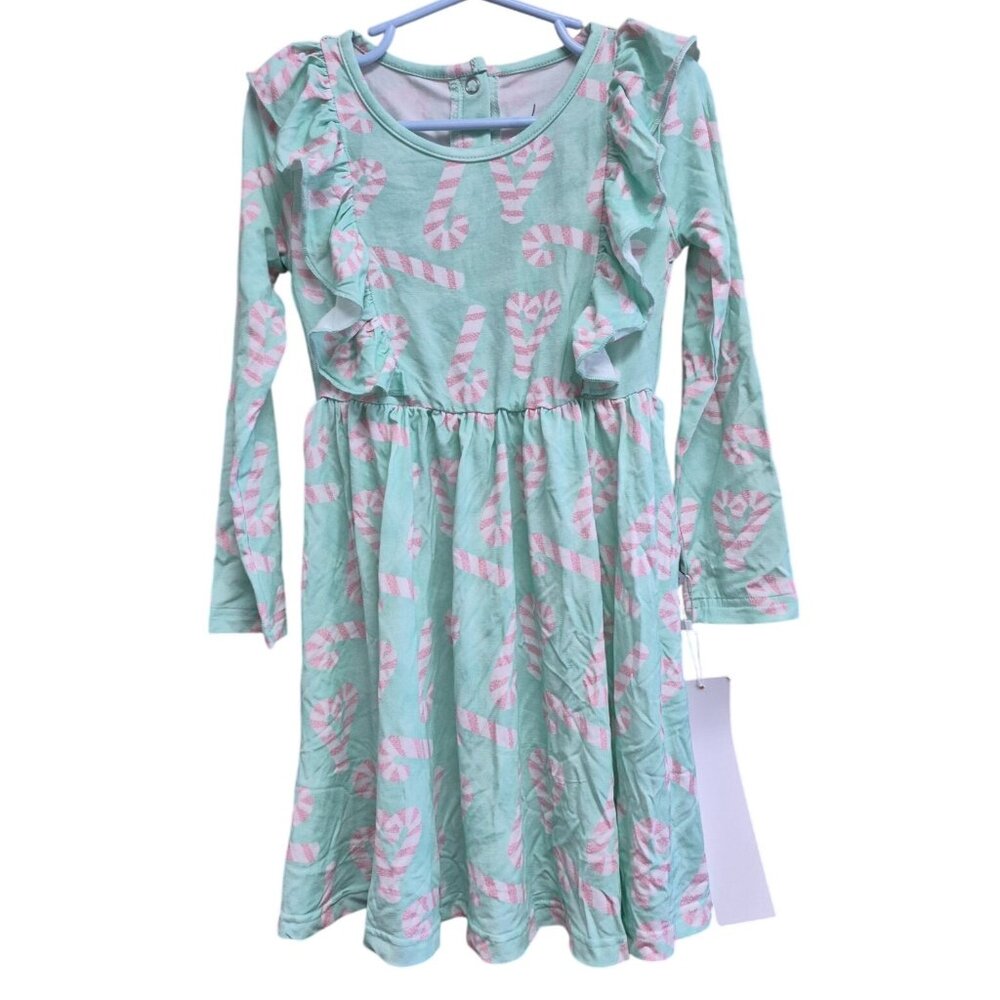 Girls Laree + Co. Green Dress With Pink Candy Cane Print & Ruffles